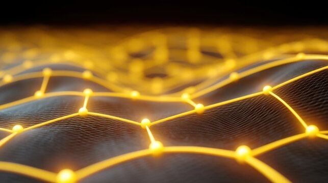 Abstract 3D rendering of glowing network structure with luminous points on a dark background representing digital connections and advanced technology concept - Powered by Adobe