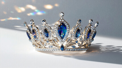 Minimalist composition of a fantasy-inspired diamond and silver crown with ornate crystal details, majestic beauty contest tiara displayed on a clean background, luxury poster