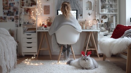 Cozy home office with woman working at desk and fluffy dog in reindeer antlers, modern Christmas remote work lifestyle scene