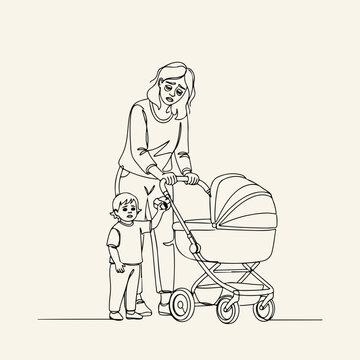 Line art drawing portrays tired mother pushing baby stroller, toddler walking near. Exhausted parent experiences parental burnout, grappling with childcare; typical for tired mother.