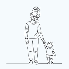 Fototapeta premium Line illustration depicts a tired mother with child. Woman's weary face shows parental exhaustion, challenges of childcare. Perfect for discussing mental load of a tired mother, burnout,