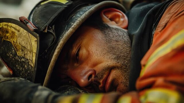Video A fireman taking a break from duty, lying down on the ground