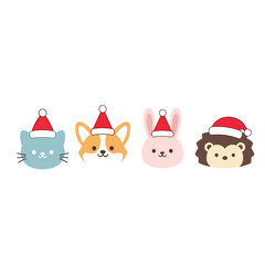 Four cute cartoon animal faces wearing Santa hats, perfect for Christmas.