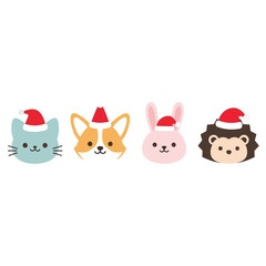 Festive set of cute animal faces cat, corgi, bunny, and hedgehog, each wearing a Santa hat, ideal for a joyful Christmas concept, holiday cheer, and seasonal greetings