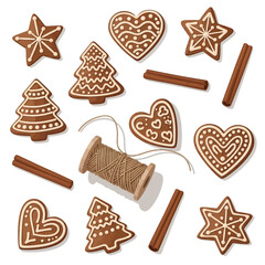 Assortment of festive gingerbread cookies in star, heart, and tree shapes with white icing, accompanied by cinnamon sticks and twine.