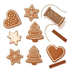 Assortment of gingerbread cookies in various shapes with icing, twine, and cinnamon sticks.