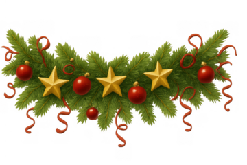 Christmas fir garland with golden stars and red baubles creating a festive holiday border, transparent background