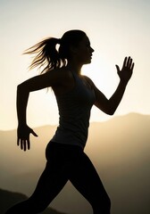 Silhouette Of A Woman In Athletic Wear Running Along A Mountain Trail At Sunset