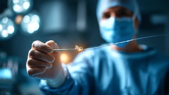 Faceless interventional radiology surgeon performing catheter treatment defocused X ray visualization background minimally invasive procedure medical intervention in progress