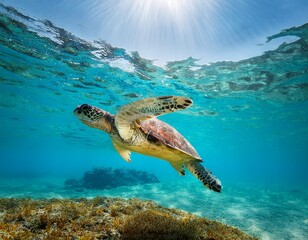 Fototapeta premium sea turtle swimming in crystal clear turquoise water with sun rays shining through the surface of the ocean