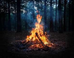 enigmatic bonfire glow in dark woods mysterious night scene with smoke and shadows