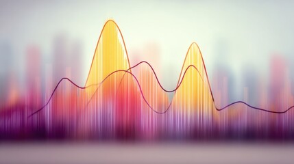 Abstract visualization of data trends with colorful waveforms and blurred urban background, conveying modern technology and progress in analytics