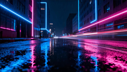 A dark, rain-slick city street at night, bright neon lines of blue and bright pink, a gloomy and futuristic atmosphere suitable for filming music videos. Vector. EPS. © Dzianis