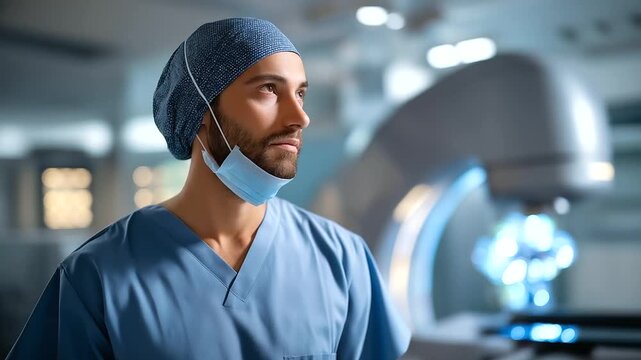 Faceless man prepared for radiation therapy on linear accelerator defocused modern oncology clinic background contemporary treatment approaches advanced cancer therapy medical