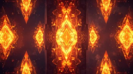 Fiery kaleidoscope pattern of glowing geometric shapes and dynamic abstract formations, warm energy