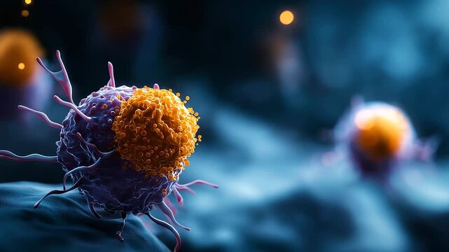 Cancer cell and T lymphocytes SEM image faceless microscopic visualization defocused scanning electron microscope background immune system interaction oncology research