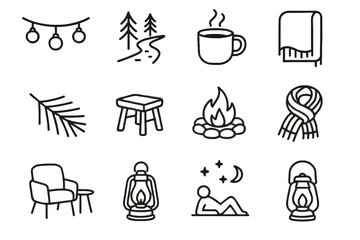 Icons rustic vector kettle icon cabin stargazing steam woods campfire lights quiet