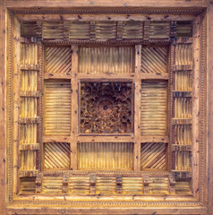 Ornate Wooden Ceiling Panel with Symmetrical Geometric Carving
