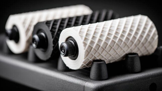 Closeup medium shot of 3D printed flexo rollers highlighting flexible material properties and smooth finishing for printing applications.