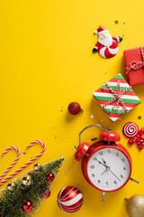 Colorful vertical Christmas and New Year tableau featuring Santa, gifts, candy canes, ornaments, a red clock and festive decor against a bold yellow background