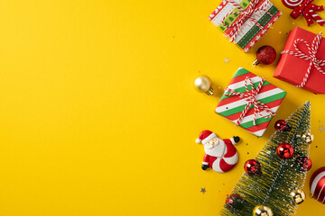 Vibrant vertical holiday scene with wrapped gifts, a Santa ornament, a Christmas tree, and festive decor on a sunny yellow backdrop, ideal for holiday promotion and greeting materials