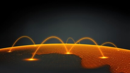 Global Network Connectivity Visualization with Abstract Orange Light Waves and Dots on a Dark Background for Technology and Communication Themes