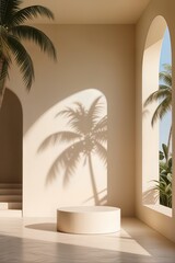 Natural shadow on a beige wall background for product presentation. Silhouette on beige background. Luxury summer architecture interior aesthetic. Modern tropical mockup design. 3d rendering.