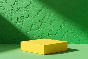 3d rendering empty mockup bright yellow block podium in landscape green textured wall