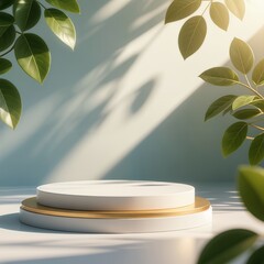 Product display podium with nature leaves on white background. 3D rendering
