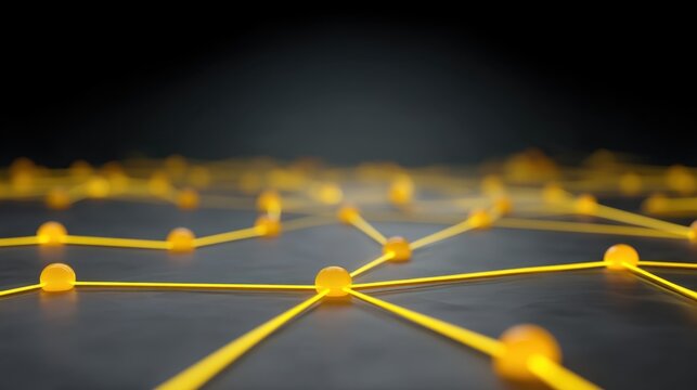 Abstract network structure with yellow nodes connected by lines on a dark background creating a futuristic technology concept design