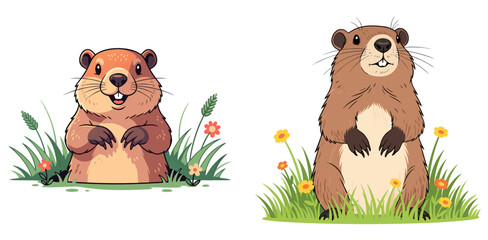 Groundhog in a field surrounded by flowers and grass, Groundhog Day, transparent background, isolated, vector, set, e-card design