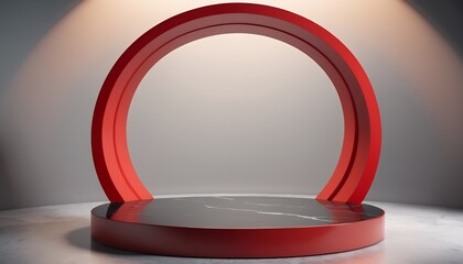 Realistic coral red 3D hexagon podium with circle frame backdrop scene. Minimalist mockup pedestal, Abstract cosmetic stand product display presentation, Stage for showcase. Platforms vector design.
