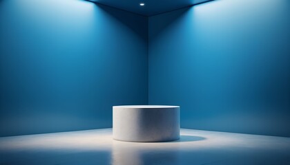 3d rendering empty mockup dark blue cylinder podium in portrait light blue wall and floor