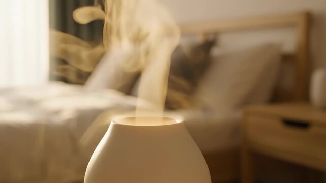 Close-up of an essential oil diffuser releasing aromatic mist in a cozy bedroom, promoting relaxation and wellness.