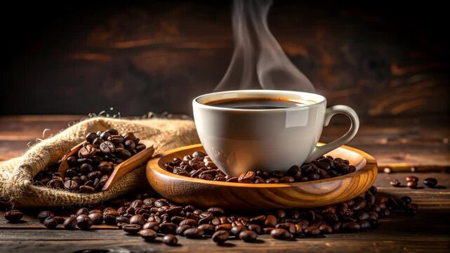 Aromatic Coffee Ritual: Steaming Cup Amidst Roasted Beans, A Culinary Delight, Artistic Display