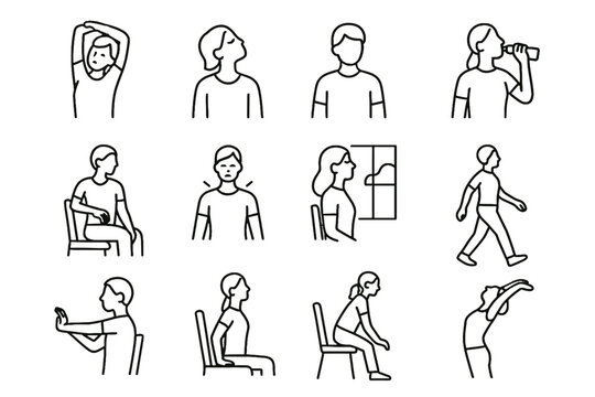 Screen healthy short back breaks moment vector neck icon sip stretch deep