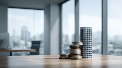 Coins arranged beside tall building model on wooden table. Real estate investment, property value growth and financial planning in contemporary office interior