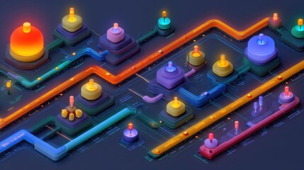 Colorful abstract digital illustration of circuit pathways and geometric forms glowing in neon tones, showcasing technology and innovation in a modern design