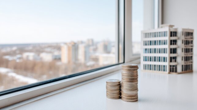 Stacks of coins beside miniature building by window. Real estate investment concept with urban skyline in soft focus. Savings, property value and financial growth