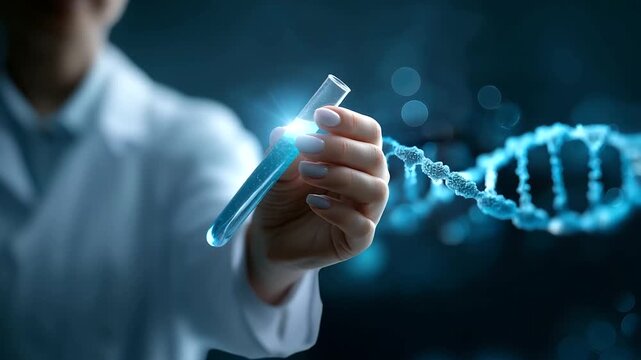 AI generated faceless scientist hand holding test tube defocused digital DNA graphics background cancer research concept biomarker detection visualization future medical