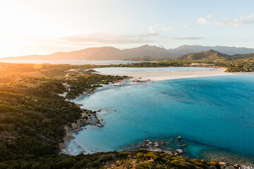 Scenic View Over Villasimius Beach and Coastline at Golden Hour, Sardinia, Italy