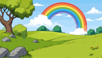 Vibrant comic style landscape vector illustration featuring a large colorful rainbow arcing over rolling green hills, a big tree, and fluffy clouds in a sunny blue sky