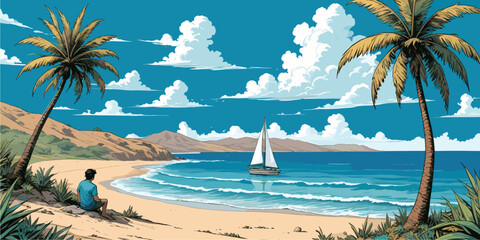 Tropical beach landscape vector illustration featuring a person relaxing on sand, framed by palm trees, watching a sailboat on the blue ocean under fluffy clouds in a comic style © laurence