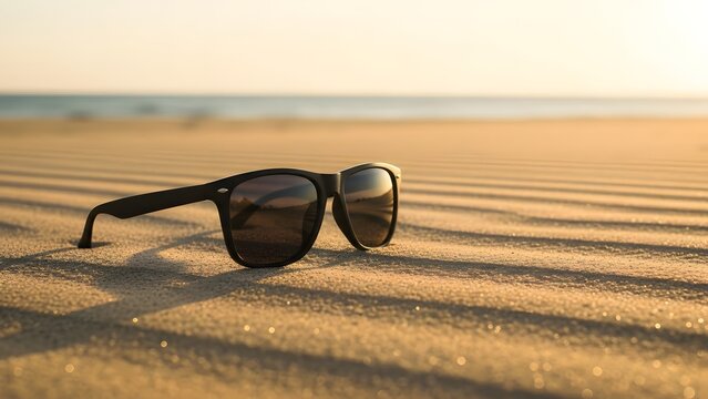 Classic Black Sunglasses Resting on Golden Beach Sand at Sunset with Ocean Horizon