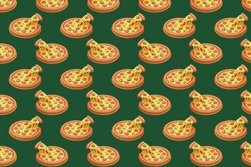 Pizza pattern with slice on green background, 3D illustration of repeating pepperoni pizza with melted cheese, Italian food
