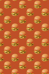 Cheeseburger pattern on orange background, 3D illustration of repeating hamburgers with sesame buns, fast food wallpaper design