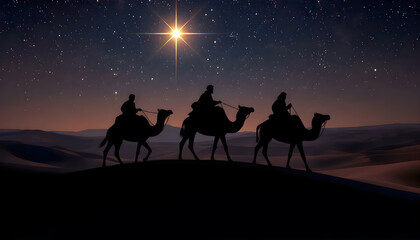 Three wise men riding camel following a star in the desert at night. Silhouette of the three wise men traveling on camels to Bethlehem for the birth of baby Jesus, offering symbolic gifts.