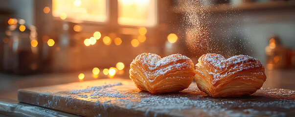 Illustration of heart-shaped pastries being dusted with powdered sugar in a cozy kitchen