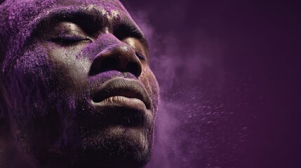 Person’s head immersed in purple pigments, eyes closed. Epilepsy awareness,  support, inclusion during Purple Day initiatives