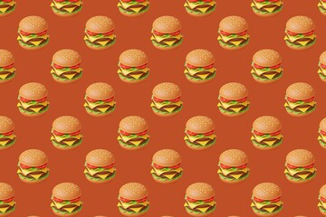 Cheeseburger pattern on rust orange background, 3D illustration of repeating hamburgers, fast food seamless wallpaper texture